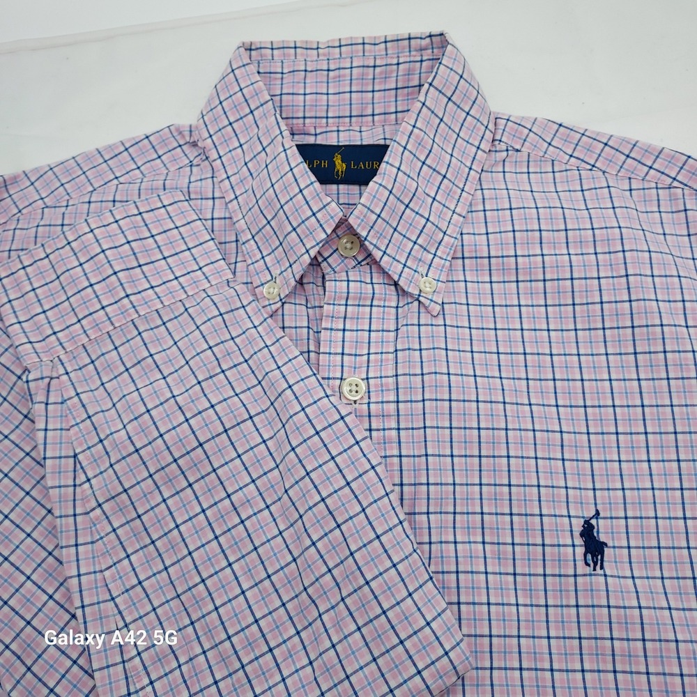Ralph Lauren Mens Pink Blue Plaid Cotton Button Down Shirt Small S Long Sleeve